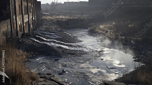 Industrial Waste Pollutes Urban Waterway photo