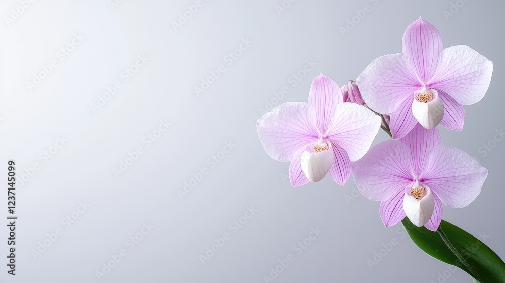Obraz premium Pink orchid flowers blooming against a clean grey gradient background.