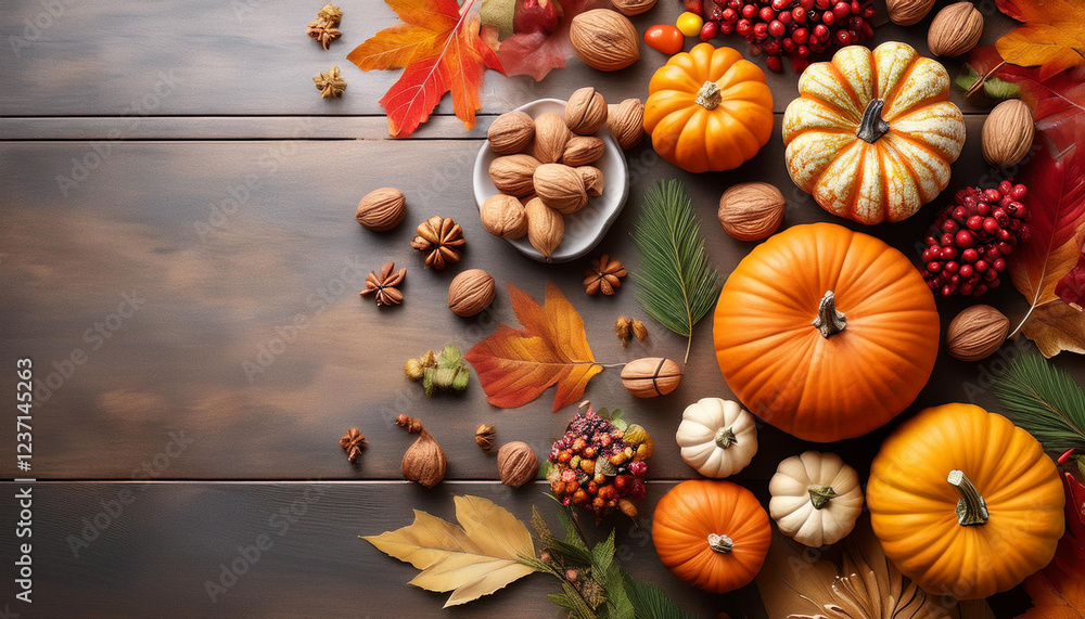 autumn flat lay composition with colorful pumpkins leaves nuts and berries on a rustic background perfect for fall themed projects autumn flat lay composition with colorful pumpkins leaves nuts and berries on a rustic background perfect for fall themed projects
