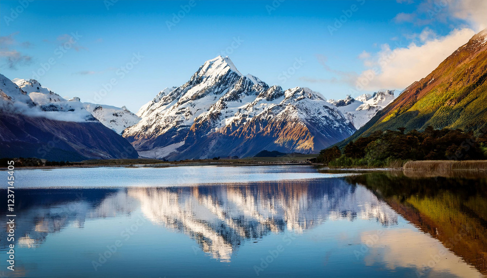 Fototapeta premium new zealand mountain landscape with snow capped mountains and lake with reflection