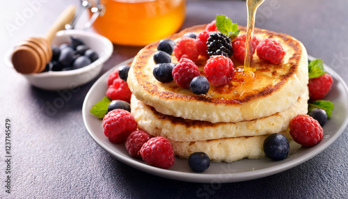 cottage cheese pancake with berries and honey