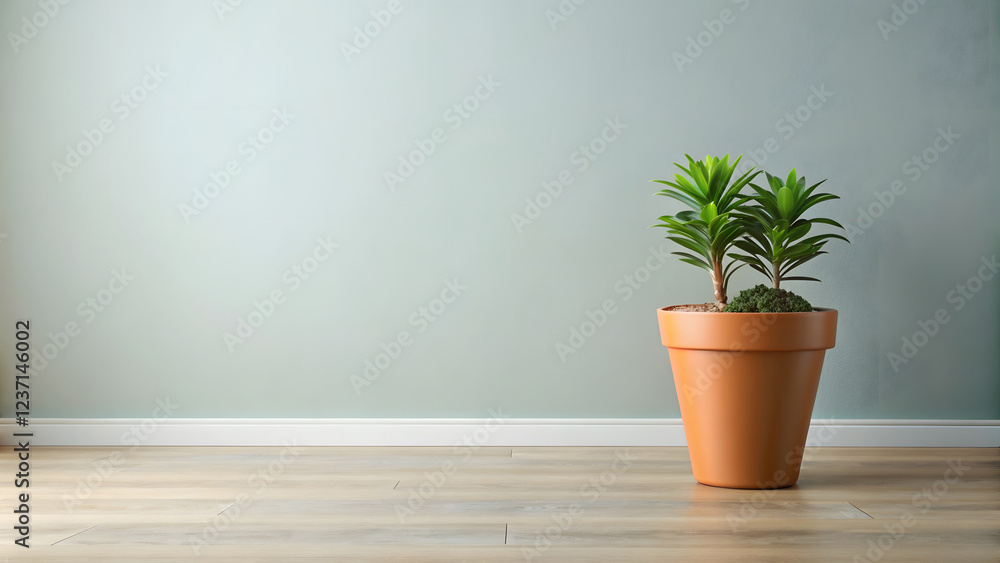 Fototapeta premium Plant in orange pot on wooden floor against grey wall background.