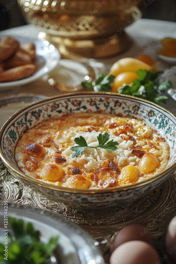 Creamy Greek egg lemon soup with a hint of cheese served in an elegant gold-rimmed bowl. Creamy Greek egg lemon soup with a hint of cheese served in an elegant gold-rimmed bowl.