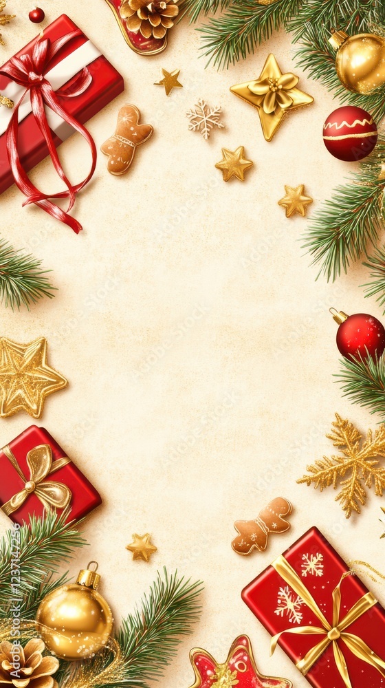 Christmas Background with Gold and Red Decorations Christmas Background with Gold and Red Decorations