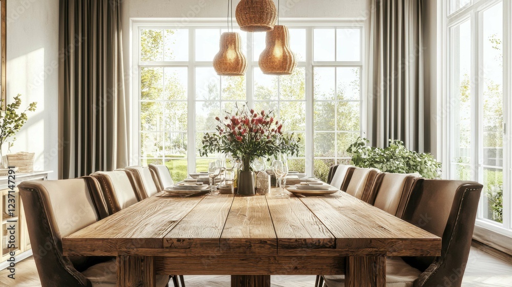 Elegant wooden dining table with natural light and floral centerpiece Elegant wooden dining table with natural light and floral centerpiece