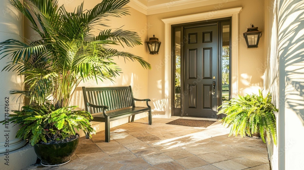 Naklejka premium Elegant Entrance with Green Plants and Warm Lighting in Home Exterior