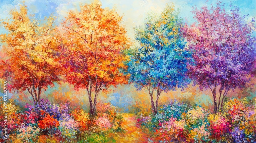 Vibrant Autumn Trees Garden Path Landscape Painting Vibrant Autumn Trees Garden Path Landscape Painting