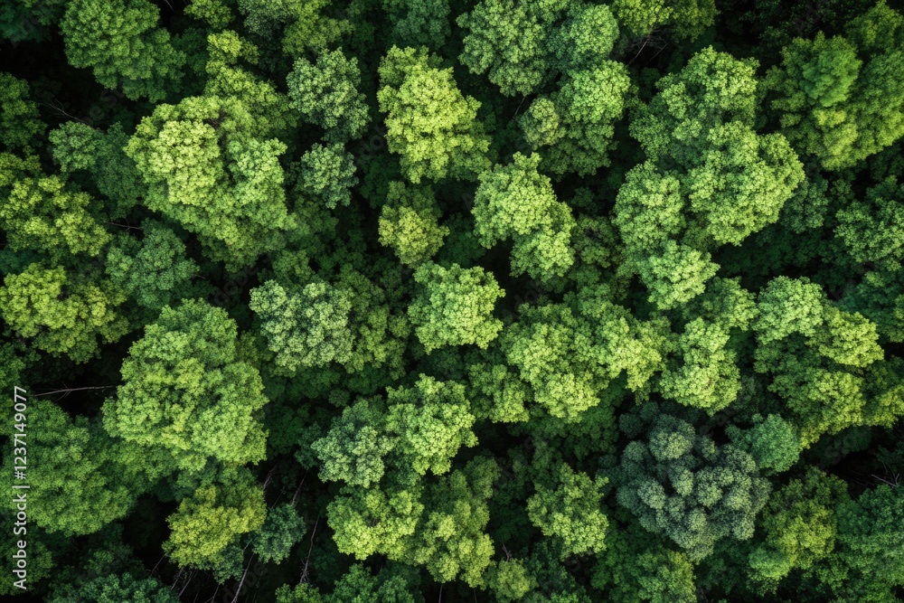 Naklejka premium A lush green forest with many trees. The trees are tall and green, and the sky is clear. Concept of peace and tranquility, as the viewer is surrounded by nature