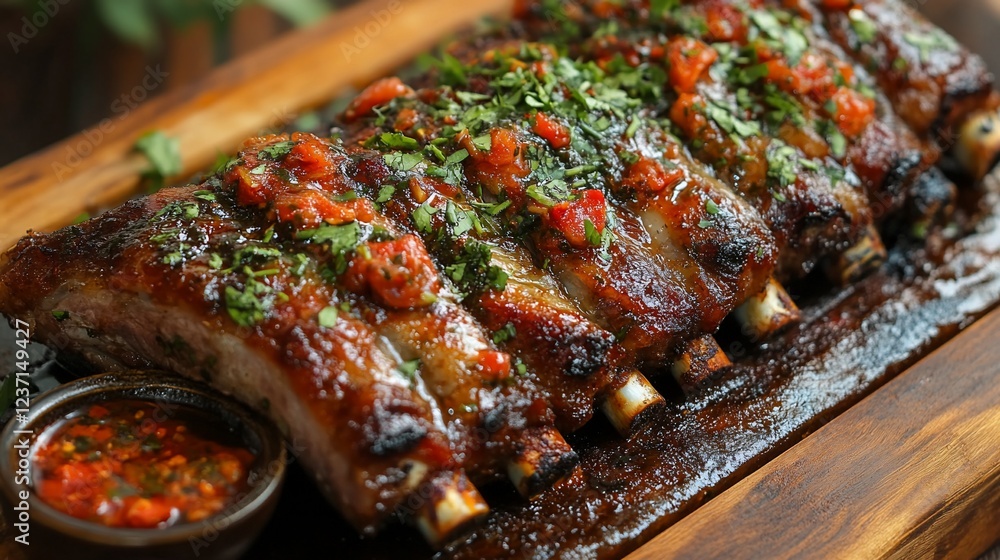 Delicious Grilled BBQ Pork Ribs with Spicy Sauce on Wooden Board Delicious Grilled BBQ Pork Ribs with Spicy Sauce on Wooden Board