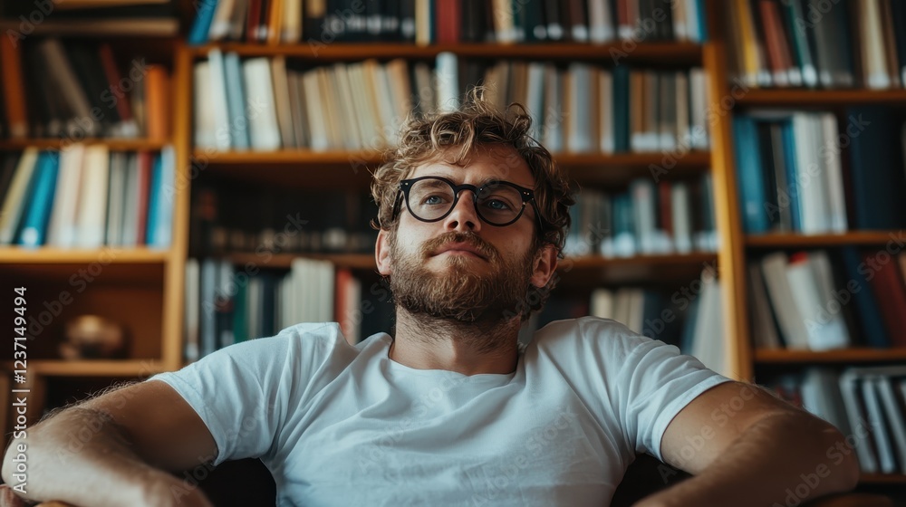 A young man reclines comfortably in a library, gazing thoughtfully at the ceiling, lost in personal reflections amidst the serene literary surroundings. A young man reclines comfortably in a library, gazing thoughtfully at the ceiling, lost in personal reflections amidst the serene literary surroundings.
