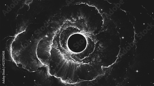 Amazing huge massive black hole surrounded by a cosmic nebula. Gravitational pull of the universe in a cosmic cloud storm of light and shadows. Dotwork. Pointillism. Dots shading. Vector illustration