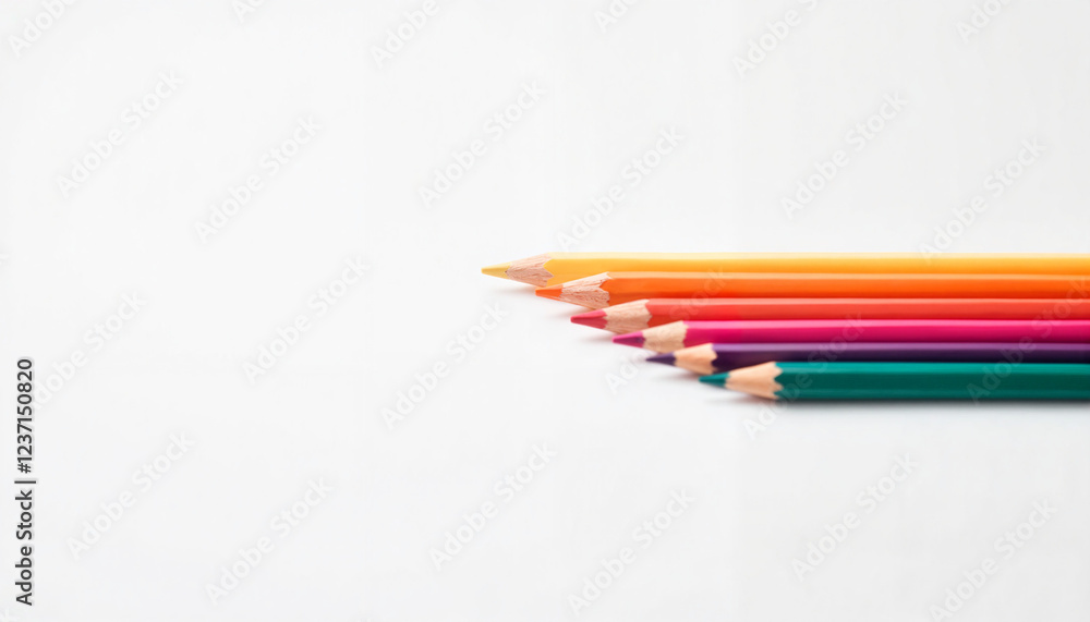 Naklejka premium Gradient array of sharpened colored pencils on white surface, minimalism