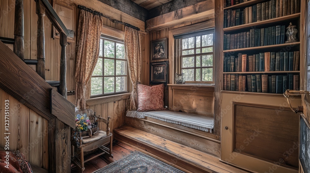 Rustic Wooden Reading Nook With Built In Seating And Bookshelves Rustic Wooden Reading Nook With Built In Seating And Bookshelves