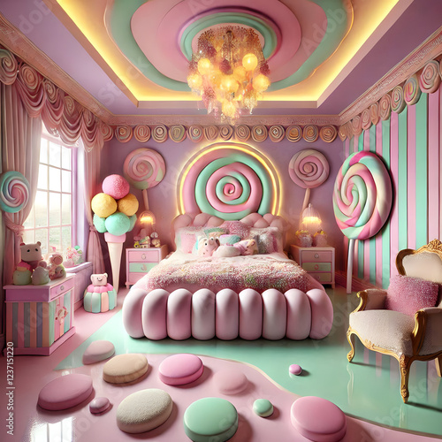 A fabulous pastel girl's bedroom decorated in a candy wonderland style.