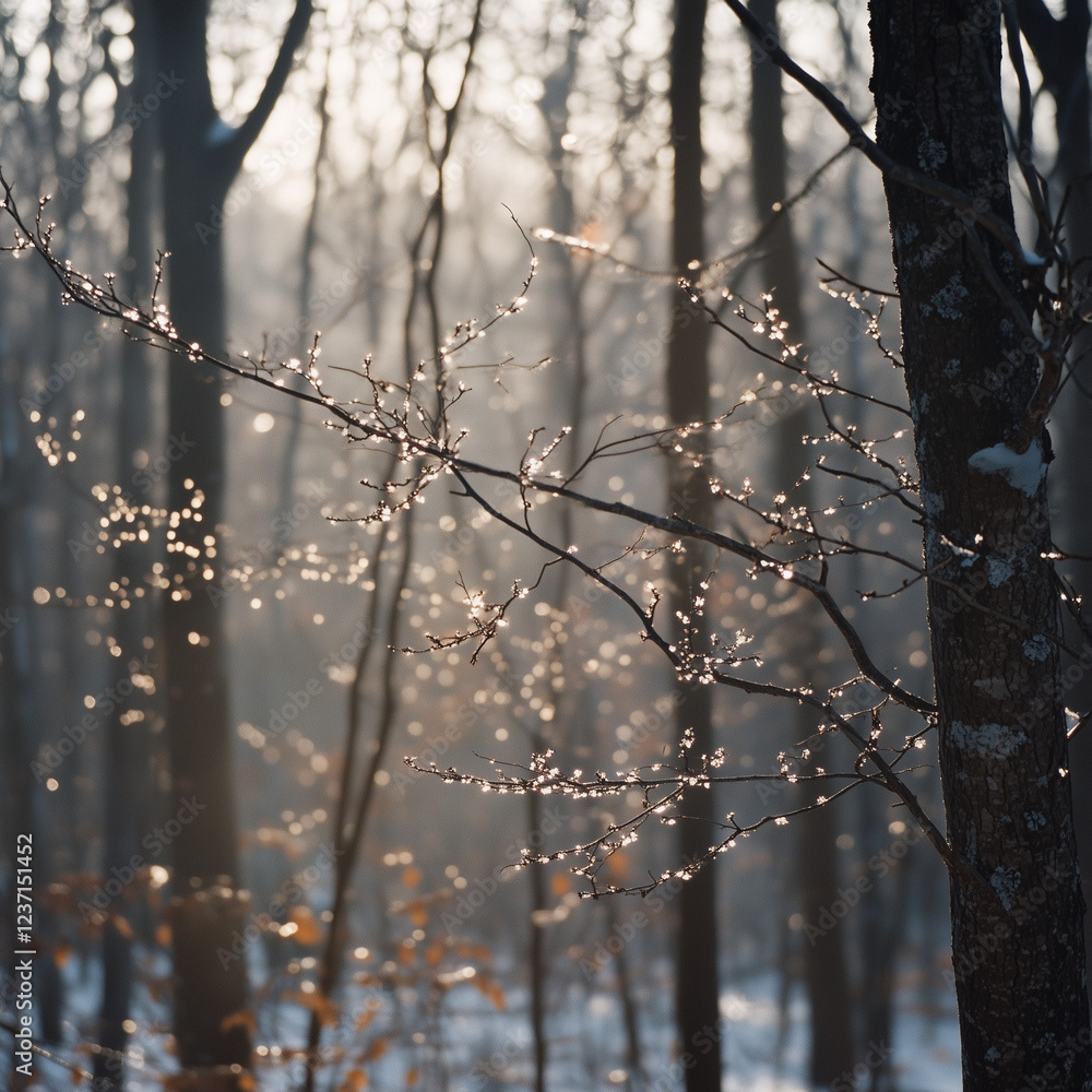 Frosty tree branches with melting snow in a misty winter forest Frosty tree branches with melting snow in a misty winter forest
