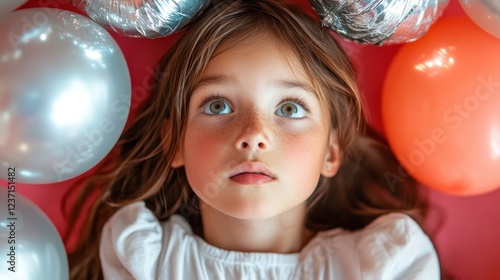 A young girl looks up with wide eyes, surrounded by soft, shiny silver and colorful balloons, radiating innocence and curiosity in a playful atmosphere. photo