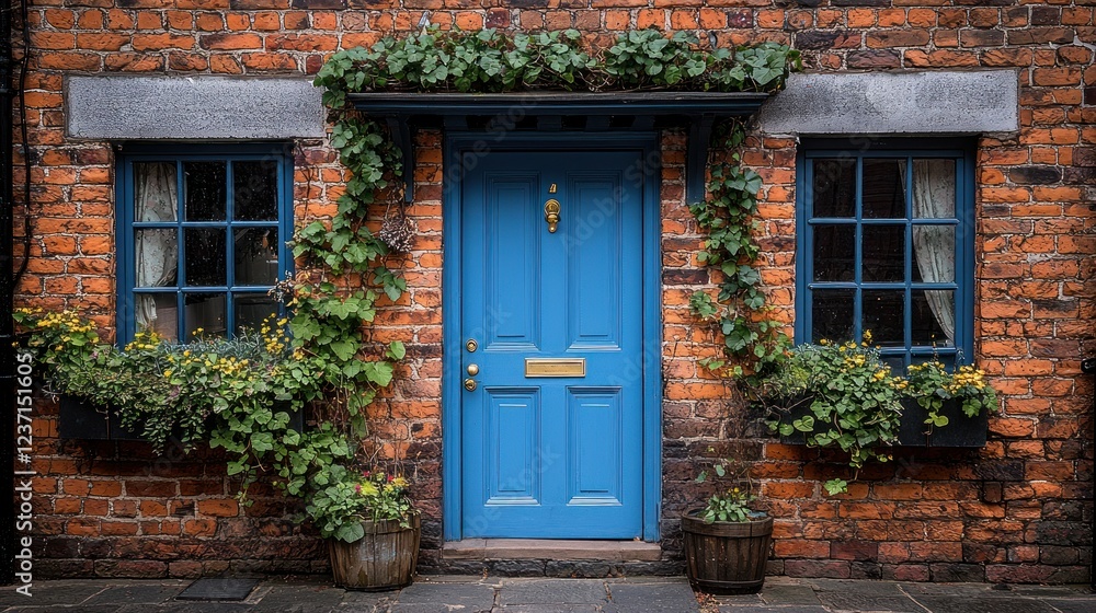Naklejka premium Charming Blue Doorway on a Brick House