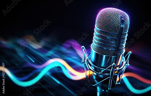 Close-up of a Professional Studio Microphone with Vibrant Sound Waves, Ideal for Podcasts, Music Production, and Broadcasting photo