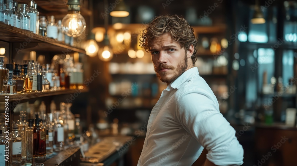 A man stands in a cozy, dimly lit bar surrounded by bottles, displaying a thoughtful gaze, combining charm with sophistication in a stylish and intimate setting. A man stands in a cozy, dimly lit bar surrounded by bottles, displaying a thoughtful gaze, combining charm with sophistication in a stylish and intimate setting.