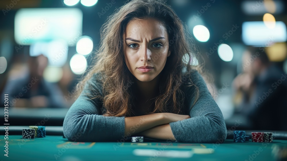 A focused woman leans over a poker table, her intense gaze reflecting determination and tenacity, surrounded by vibrant chips in a bustling casino. A focused woman leans over a poker table, her intense gaze reflecting determination and tenacity, surrounded by vibrant chips in a bustling casino.