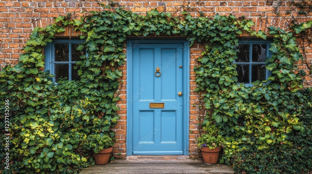Charming Blue Door with Ivy Covered Brick House Charming Blue Door with Ivy Covered Brick House