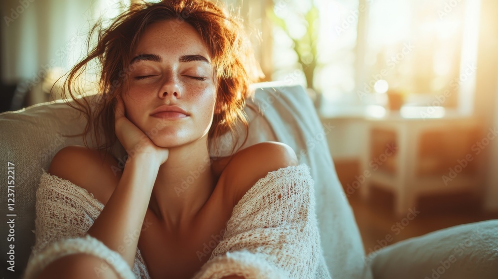 A young woman relaxes in a cozy indoor environment, enjoying a reflective moment, capturing the essence of inner peace and tranquility in a warm golden glow. A young woman relaxes in a cozy indoor environment, enjoying a reflective moment, capturing the essence of inner peace and tranquility in a warm golden glow.