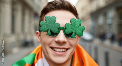 Young man wearing green shamrock glasses and an Irish flag, celebrating photo