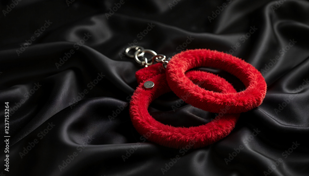 Fototapeta premium Luxurious red furry handcuffs on black silk fabric, playful elegance