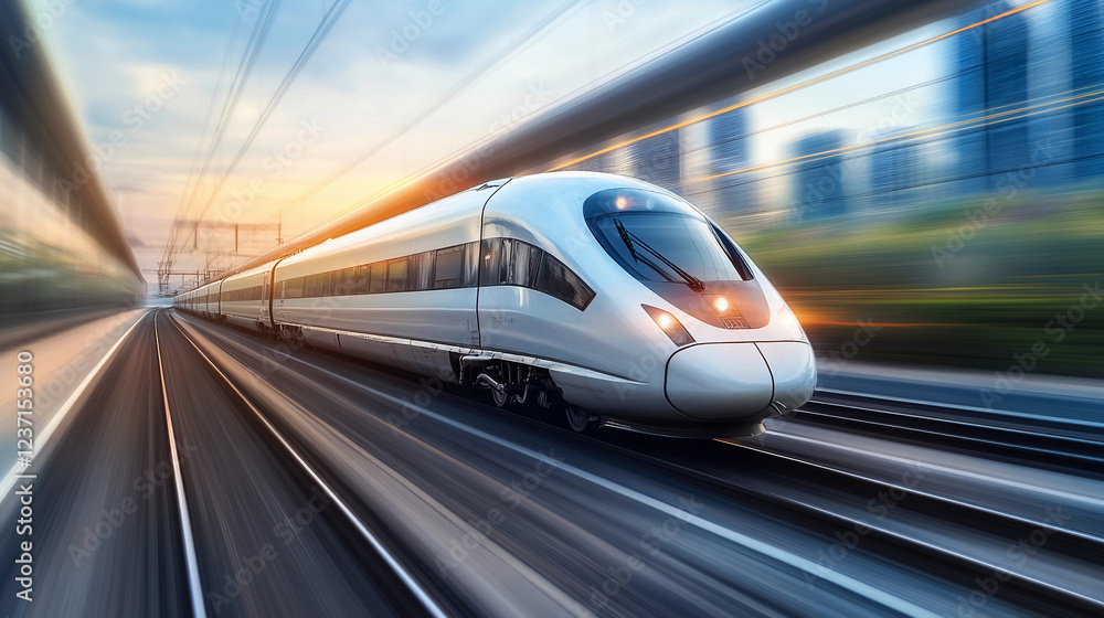 High-speed train traveling dynamically through an urban landscape at sunset, showcasing technology and efficiency in motion. Generative AI High-speed train traveling dynamically through an urban landscape at sunset, showcasing technology and efficiency in motion. Generative AI