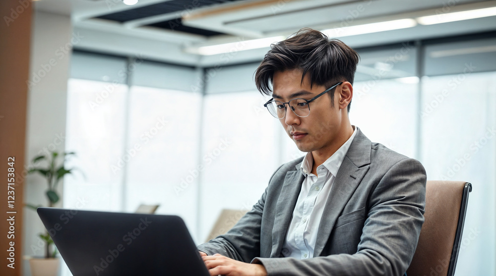 asian man working on laptop in a modern office wearing a suit and glasses, remote worker / digital nomad in coworking office asian man working on laptop in a modern office wearing a suit and glasses, remote worker / digital nomad in coworking office
