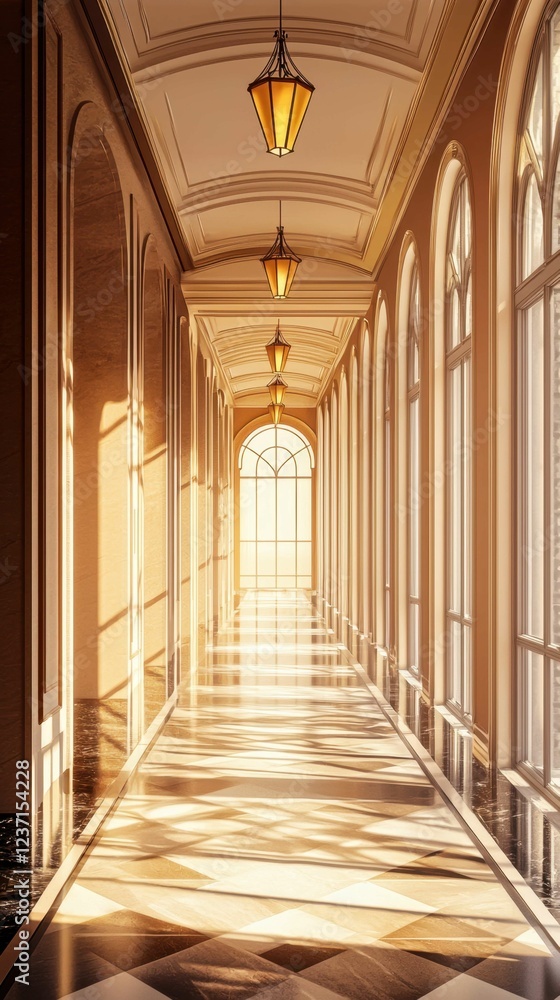 Elegant corridor with arching windows and glowing lanterns Elegant corridor with arching windows and glowing lanterns