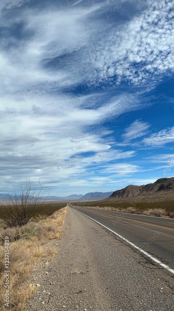 Endless Desert Road Under Vast Blue Sky with Fluffy Clouds Endless Desert Road Under Vast Blue Sky with Fluffy Clouds