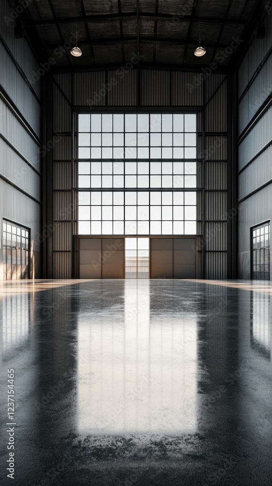 Fototapeta premium Spacious Industrial Warehouse Interior with Large Windows and Reflection