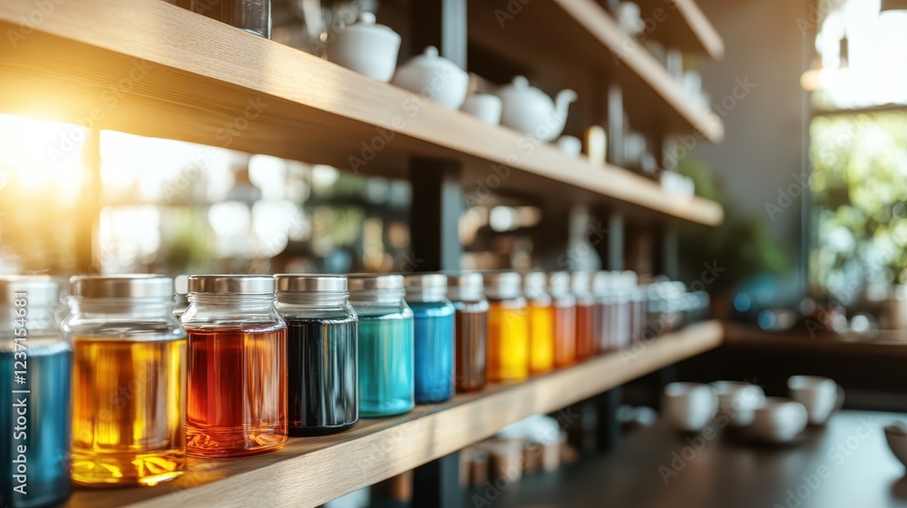 A visually appealing lineup of vibrant glass jars in various colors displayed on wooden shelves, radiating warmth and inviting charm, ideal for interior design concepts. A visually appealing lineup of vibrant glass jars in various colors displayed on wooden shelves, radiating warmth and inviting charm, ideal for interior design concepts.