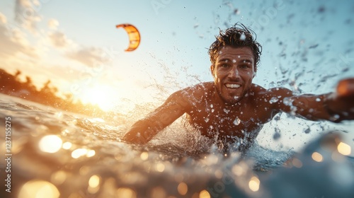 A male kite surfer joyously splashes water while kite surfing during the picturesque sunset, showcasing determination and exuberance in a breathtaking natural setting.