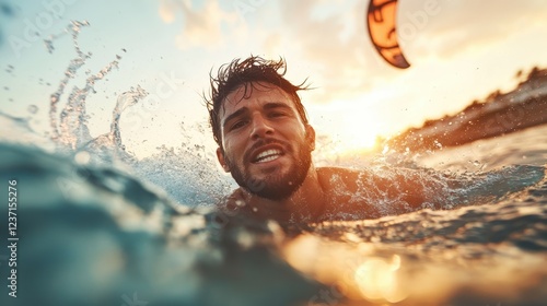A man smiling while kite surfing as the sun sets, creating a beautiful backdrop with splashes of water around him, encapsulating the excitement and thrill of water sports.