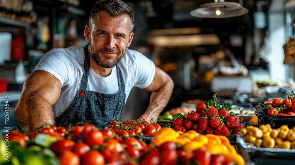 A cheerful vendor in an apron displays a bounty of fresh fruits, embodying warmth and friendliness in a vibrant market filled with colorful produce. A cheerful vendor in an apron displays a bounty of fresh fruits, embodying warmth and friendliness in a vibrant market filled with colorful produce.