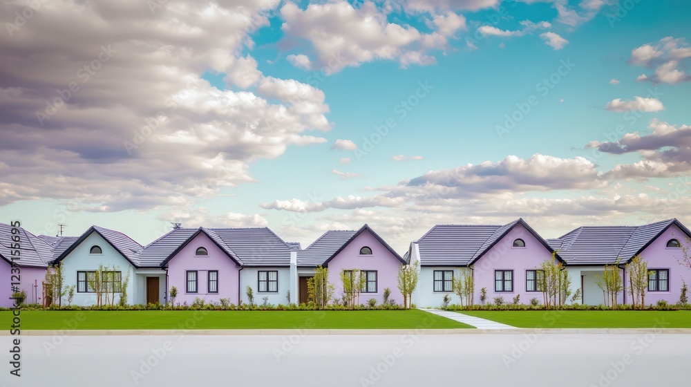 A charming row of homes with pastel lavender walls and slate gray roofs under a vibrant turquoise sky dotted with light gray clouds A charming row of homes with pastel lavender walls and slate gray roofs under a vibrant turquoise sky dotted with light gray clouds
