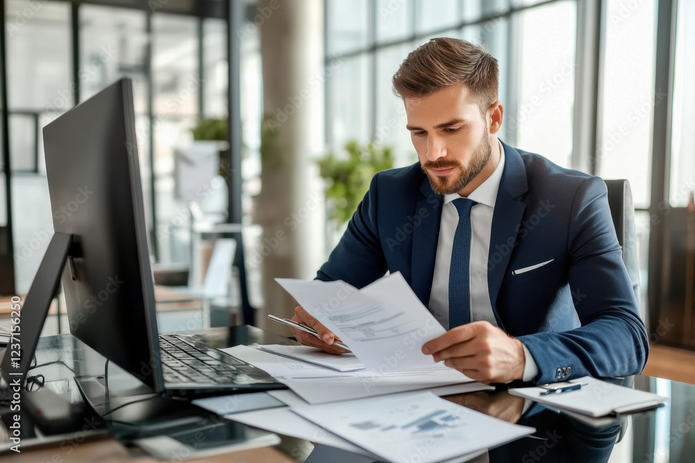 Handsome tax manager dressed in the suit working with documents and laptop at the modern office interior
Handsome tax manager dressed in the suit working with documents and laptop at the modern office interior