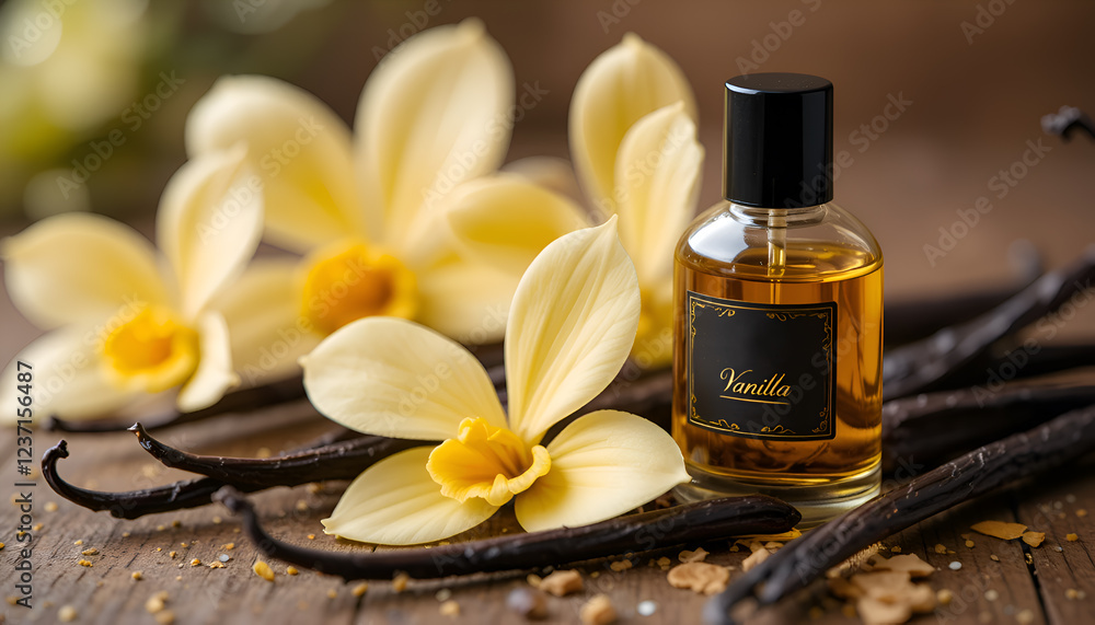 natural vanilla pods and yellow vanilla orchid flowers with small bottle with essence of vanilla. perfume and cooking concept. Ai generated