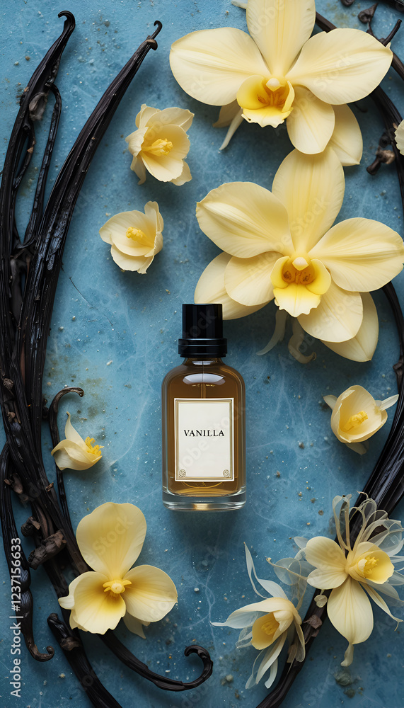 natural vanilla pods and yellow vanilla orchid flowers with small bottle with essence of vanilla against blue background. perfume and cooking concept. Ai generated