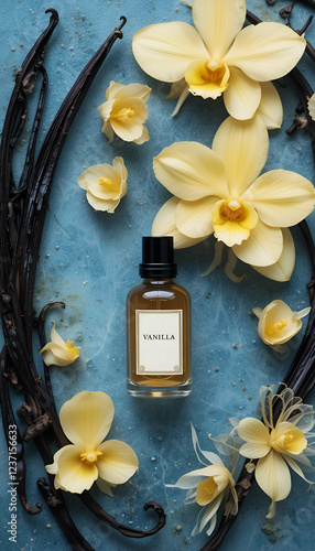 Obraz na płótnie natural vanilla pods and yellow vanilla orchid flowers with small bottle with essence of vanilla against blue background. perfume and cooking concept. Ai generated w salonie
