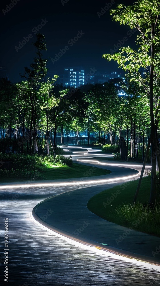 Serene Night Curved Pathway Illuminated by Soft Ambient Lights Serene Night Curved Pathway Illuminated by Soft Ambient Lights