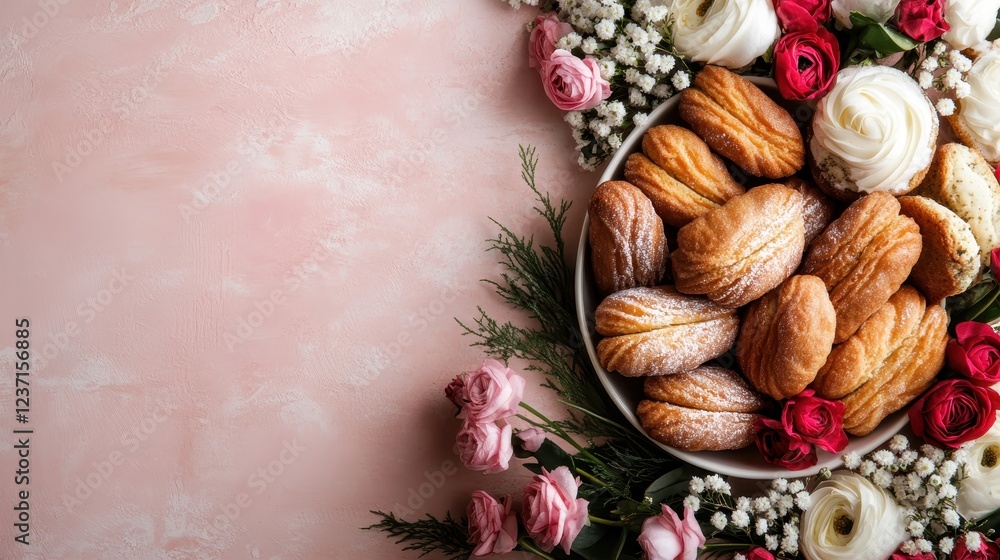 An elegant assortment of pastries beautifully arranged with floral touches, perfect for celebrations or as a delightful centerpiece for any table setting. An elegant assortment of pastries beautifully arranged with floral touches, perfect for celebrations or as a delightful centerpiece for any table setting.