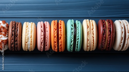 A stunning lineup of assorted macarons in vibrant hues, meticulously arranged against a blue backdrop, highlighting the beauty and allure of these sweet treats. photo