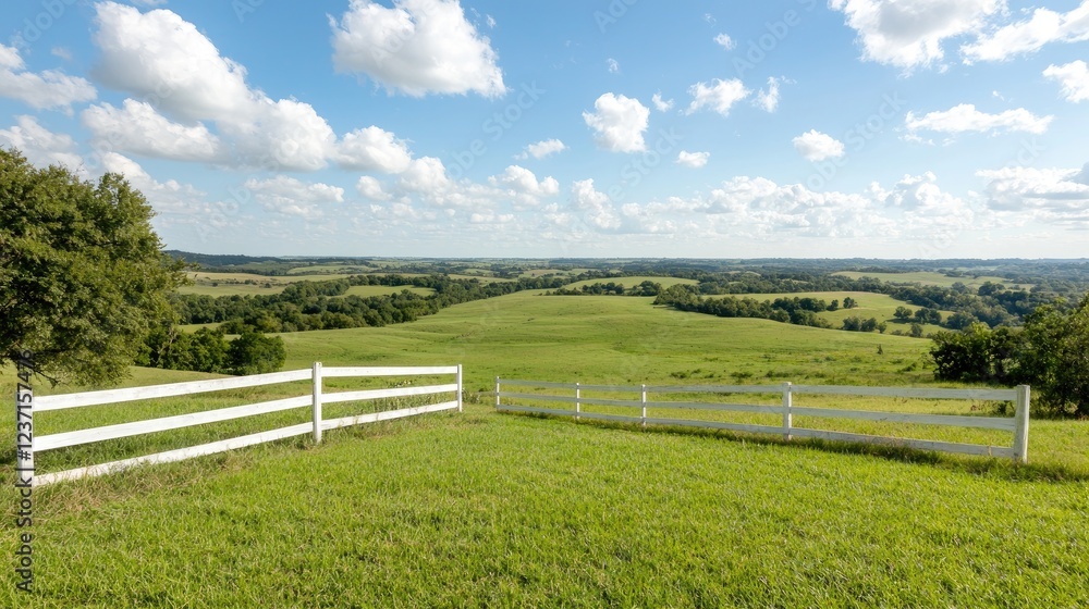 Hilltop pasture fence, scenic valley view, summer sky. Real estate, travel brochure Hilltop pasture fence, scenic valley view, summer sky. Real estate, travel brochure