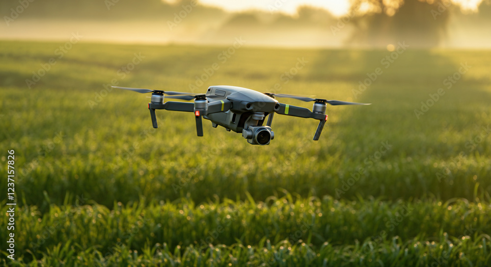 Drone flying over a lush green field at sunrise, capturing stunning aerial views Drone flying over a lush green field at sunrise, capturing stunning aerial views