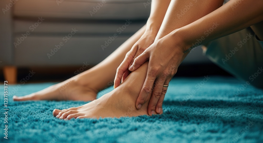 Woman massaging her ankle to relieve pain and discomfort at home