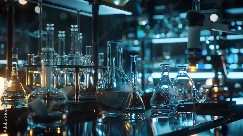 A pristine lab environment with organized glassware and equipment A pristine lab environment with organized glassware and equipment