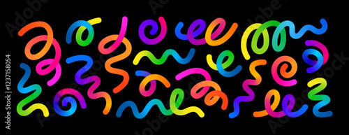 Colorful Vector Confetti. Abstract Background with Gradient Lines. 3D Celebration Ribbon. Color Birthday and Carnival Elements. Illustration of Rainbow Firecracker, Surprise Gift and Spiral Serpentine